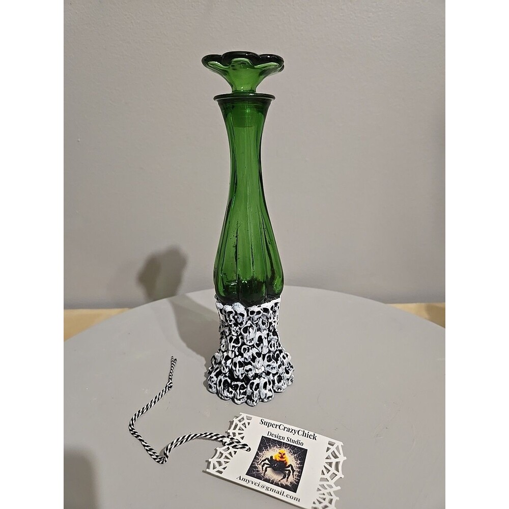 OOAK Art Clay Ghost Ghoul Skull Adorned Green Glass Potion Bottle w/ Stopper